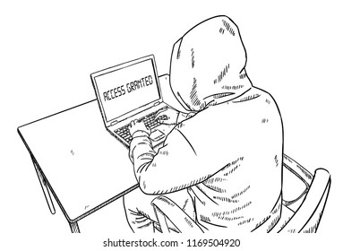 sketch style doodle of hacker sitting in front of his desk and hacking in to a system
