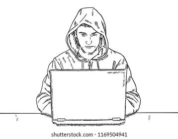 sketch style doodle of hacker sitting in front of his desk and hacking