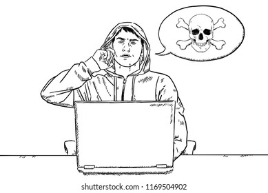 sketch style doodle of hacker talking on mobile phone in front of his laptop