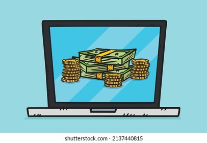 Sketch Style Doodle Illustration Of Pile Of Money With Coins Showing On Laptop Screen.
