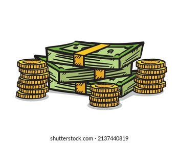 Sketch Style Doodle Illustration Of Pile Of Money With Coins