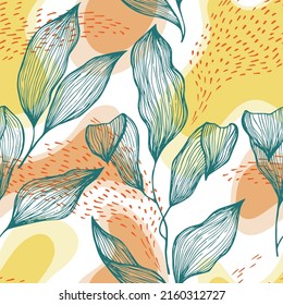 Sketch style doodle line texture leaves over stains and dots vector seamless pattern. Aesthetic ornament with houseplant leaves. Natural drapery plant foliage botany motif. Decorative wrapping.