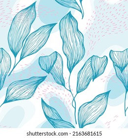 Sketch style doodle line texture leaves over stains and dots vector seamless pattern. Trendy ornament with banana tree leaves. Greenery tree branch foliage textile print. Rainforest floral print.