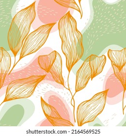 Sketch style doodle line texture leaves over stains and dots vector seamless pattern. Aesthetic ornament with houseplant leaves. Greenery tree branch foliage textile print. Simple botanic design.
