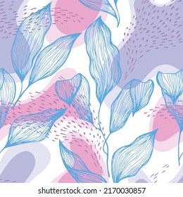 Sketch style doodle line texture leaves over stains and dots vector seamless pattern. Aesthetic ornament with houseplant leaves. Botanical tree branch foliage fabric print. Floral illustration.