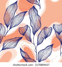 Sketch style doodle line texture leaves over stains and dots vector seamless pattern. Ornate ornament with paradise tree leaves. Summer tree branch foliage wallpaper. Herbarium backdrop.