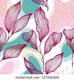 Sketch style doodle line texture leaves over stains and dots vector seamless pattern. Organic ornament with palm tree leaves. Summer tree branch foliage wallpaper. Simple botanic design.