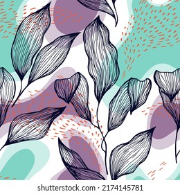Sketch Stil doodle Linie Textur Blätter über Flecken und Punkte Vektor nahtlose Muster. Lineare Ornamente mit exotischen Blättern. Grünbäume, Laubbbäume, Stoffdruck. Cute Blumenmode Art.