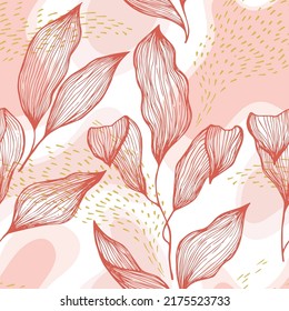 Sketch style doodle line texture leaves over stains and dots vector seamless pattern. Contemporary ornament with houseplant leaves. Greenery tree branch foliage textile print. Floral illustration.