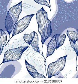 Sketch style doodle line texture leaves over stains and dots vector seamless pattern. Contemporary ornament with houseplant leaves. Natural drapery plant foliage botany motif. Floral illustration.