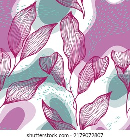 La textura de la línea de doodle de estilo boceto se extiende sobre manchas y puntos vectoriales sin fisuras. Ornamento vibrante con hojas de árboles tropicales. Impresión textil de ramas de árboles verdes. Fondo floral.