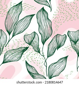 Sketch style doodle line texture leaves over stains and dots vector seamless pattern. Abstract ornament with jungle tree leaves. Greenery tree branch foliage textile print. Simple botanic design.
