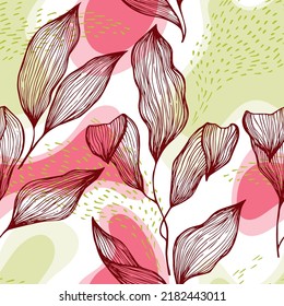 Sketch style doodle line texture leaves over stains and dots vector seamless pattern. Modern ornament with tropical tree leaves. Botanical tree branch foliage fabric print. Floral graphics.