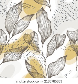 Sketch style doodle line texture leaves over stains and dots vector seamless pattern. Minimal ornament with jungle tree leaves. Summer tree branch foliage wallpaper. Rainforest floral print.