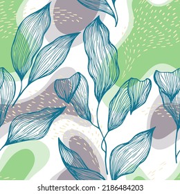 Sketch style doodle line texture leaves over stains and dots vector seamless pattern. Modern ornament with tropical tree leaves. Botanical tree branch foliage fabric print. Silk beauty tissue.