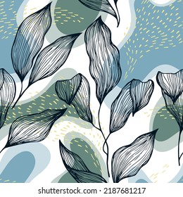 Sketch style doodle line texture leaves over stains and dots vector seamless pattern. Organic ornament with palm tree leaves. Summer tree branch foliage wallpaper. Pretty floral print.