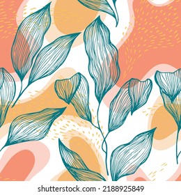 Sketch style doodle line texture leaves over stains and dots vector seamless pattern. Beautiful ornament with hawaiian tree leaves. Greenery tree branch foliage textile print. Linen textile print.