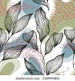 La textura de la línea de doodle de estilo boceto se extiende sobre manchas y puntos vectoriales sin fisuras. Ornamento moderno con hojas de plátano. Motif de botánica de la planta de drenaje natural. Bonita impresión floral.