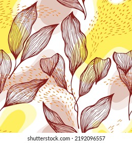Sketch style doodle line texture leaves over stains and dots vector seamless pattern. Abstract ornament with jungle tree leaves. Botanical tree branch foliage fabric print. Floral illustration.
