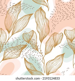 Sketch style doodle line texture leaves over stains and dots vector seamless pattern. Ornate ornament with paradise tree leaves. Natural drapery plant foliage botany motif. Pretty floral print.