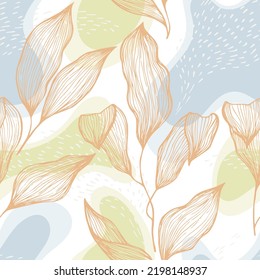 Sketch style doodle line texture leaves over stains and dots vector seamless pattern. Delicate ornament with exotic tree leaves. Botanical tree branch foliage fabric print. Herbarium backdrop.