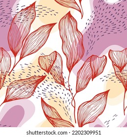 Sketch style doodle line texture leaves over stains and dots vector seamless pattern. Linear ornament with exotic tree leaves. Botanical tree branch foliage fabric print. Decorative wrapping.