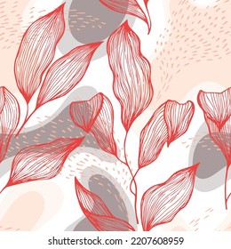 Sketch style doodle line texture leaves over stains and dots vector seamless pattern. Vibrant ornament with tropical tree leaves. Botanical tree branch foliage fabric print. Cartoon floral pattern.