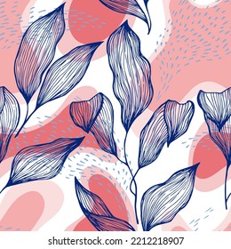 La textura de la línea de doodle de estilo boceto se extiende sobre manchas y puntos vectoriales sin fisuras. Ornamento vibrante con hojas de árboles tropicales. Impresión de tela de la rama de árbol botánico. Fondo floral.