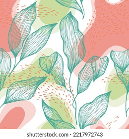 Sketch style doodle line texture leaves over stains and dots vector seamless pattern. Abstract ornament with jungle tree leaves. Greenery tree branch foliage textile print. Cute floral fashion art.