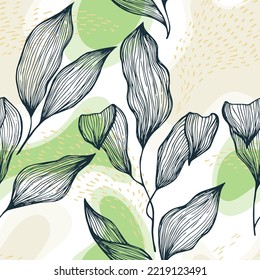 Sketch style doodle line texture leaves over stains and dots vector seamless pattern. Bohemian ornament with houseplant leaves. Greenery tree branch foliage textile print. Floral graphics.