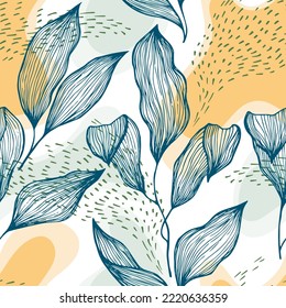 Sketch style doodle line texture leaves over stains and dots vector seamless pattern. Bohemian ornament with houseplant leaves. Natural drapery plant foliage botany motif. Simple botanic design.