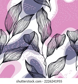 Sketch Stil doodle Linie Textur Blätter über Flecken und Punkte Vektor nahtlose Muster. Lineare Ornamente mit exotischen Blättern. Grünbäume, Laubbbäume, Stoffdruck. Kreatives Blumendesign.