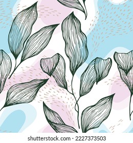 Sketch style doodle line texture leaves over stains and dots vector seamless pattern. Minimal ornament with jungle tree leaves. Botanical tree branch foliage fabric print. Cartoon floral pattern.