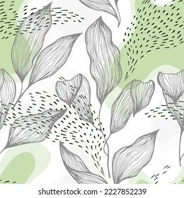 Sketch style doodle line texture leaves over stains and dots vector seamless pattern. Beautiful ornament with hawaiian tree leaves. Greenery tree branch foliage textile print. Linen textile print.