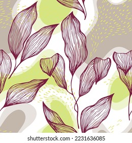 La textura de la línea de doodle de estilo boceto se extiende sobre manchas y puntos vectoriales sin fisuras. Ornato ornamento con hojas de árbol del paraíso. Impresión de tela de la rama de árbol botánico. Diseño botánico sencillo.