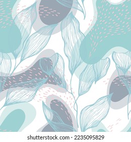 Sketch style doodle line texture leaves over stains and dots vector seamless pattern. Vibrant ornament with tropical tree leaves. Greenery tree branch foliage textile print. Simple botanic design.