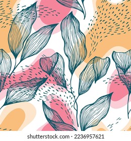 Sketch style doodle line texture leaves over stains and dots vector seamless pattern. Contemporary ornament with houseplant leaves. Summer tree branch foliage wallpaper. Swimwear tissue.