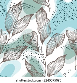 Sketch Stil doodle Linie Textur Blätter über Flecken und Punkte Vektor nahtlose Muster. Modernes Ornament mit tropischen Baumblättern. Sommerbaumzweig-Tapete. Hübsches Blumenmuster.