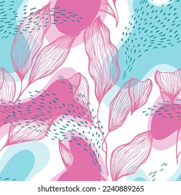 Sketch style doodle line texture leaves over stains and dots vector seamless pattern. Minimal ornament with jungle tree leaves. Greenery tree branch foliage textile print. Floral background.