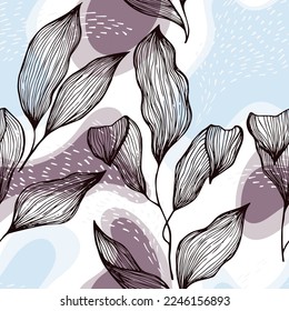 Sketch style doodle line texture leaves over stains and dots vector seamless pattern. Delicate ornament with exotic tree leaves. Natural drapery plant foliage botany motif. Simple botanic design.