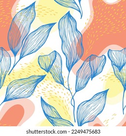 Sketch style doodle line texture leaves over stains and dots vector seamless pattern. Vibrant ornament with tropical tree leaves. Botanical tree branch foliage fabric print. Herbarium backdrop.