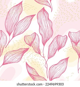Sketch style doodle line texture leaves over stains and dots vector seamless pattern. Minimal ornament with jungle tree leaves. Botanical tree branch foliage fabric print. Floral graphics.