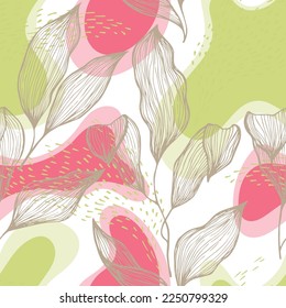 La textura de la línea de doodle de estilo boceto se extiende sobre manchas y puntos vectoriales sin fisuras. Ornamento bohemio con hojas de las plantas del hogar. Papel tapiz de la rama del árbol de verano. Impresión textil lineal.