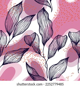 Sketch style doodle line texture leaves over stains and dots vector seamless pattern. Bohemian ornament with houseplant leaves. Natural drapery plant foliage botany motif. Floral background.