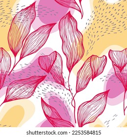 Sketch style doodle line texture leaves over stains and dots vector seamless pattern. Organic ornament with palm tree leaves. Summer tree branch foliage wallpaper. Swimwear tissue.