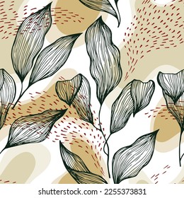 Sketch style doodle line texture leaves over stains and dots vector seamless pattern. Aesthetic ornament with houseplant leaves. Greenery tree branch foliage textile print. Creative floral design.