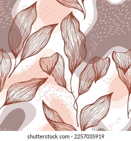 Sketch style doodle line texture leaves over stains and dots vector seamless pattern. Linear ornament with exotic tree leaves. Summer tree branch foliage wallpaper. Creative floral design.