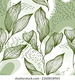 Sketch style doodle line texture leaves over stains and dots vector seamless pattern. Organic ornament with palm tree leaves. Summer tree branch foliage wallpaper. Linen textile print.
