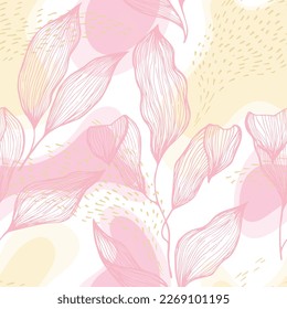 Sketch style doodle line texture leaves over stains and dots vector seamless pattern. Linear ornament with exotic tree leaves. Botanical tree branch foliage fabric print. Rainforest floral print.