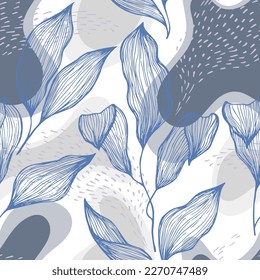 Sketch style doodle line texture leaves over stains and dots vector seamless pattern. Organic ornament with palm tree leaves. Summer tree branch foliage wallpaper. Creative floral design.